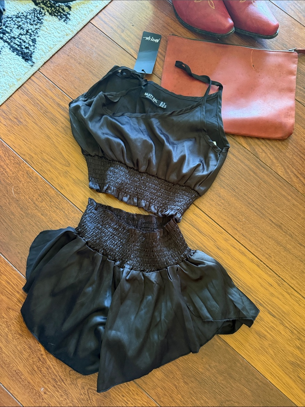 Nasty Gal Black Satin Smocked Waist Slip Dress